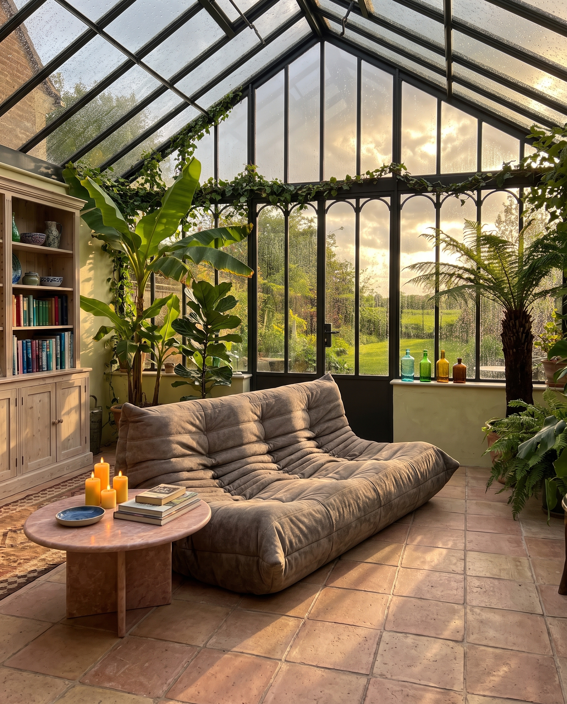 Low Lounge 3-Sitzer-Sofa aus Wildleder – Plissierte Silhouette | DREAMOA
